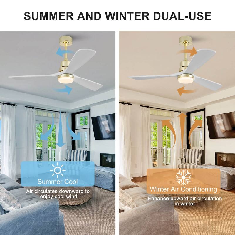 52 Inch Indoor Ceiling Fan With Dimmable LED Light 3 Solid Wood Blades Remote Control Reversible DC Motor