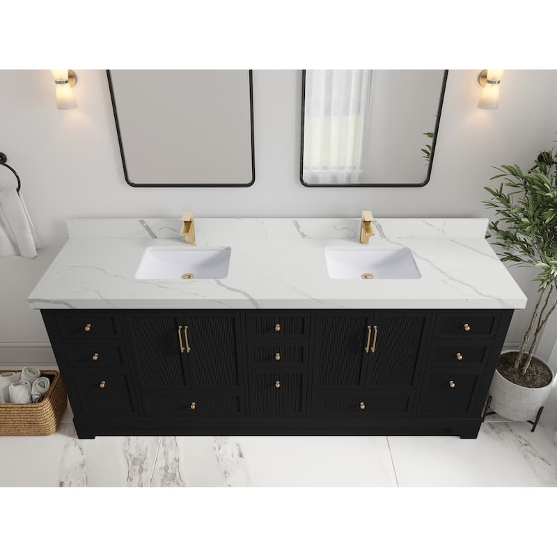 Willow Collections 84 in. W x 22 in. D Alys Double Bowl Sink Bathroom Vanity with Countertop - 2"Calacatta Laza - Black