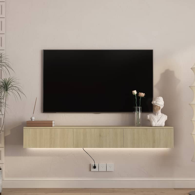Floating TV Stand with 16-Color LEDs, Wall-Mounted Entertainment Cabinet for 55-65" TVs - Oak