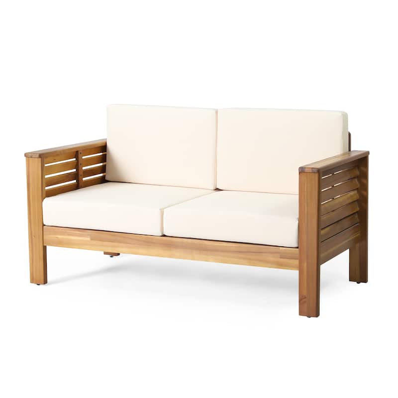 Roomfitters Outdoor Acacia Wood Loveseat and Coffee Table Set, Cream Cushions, Teak Finish, Ideal for Patio, Garden, or Porch
