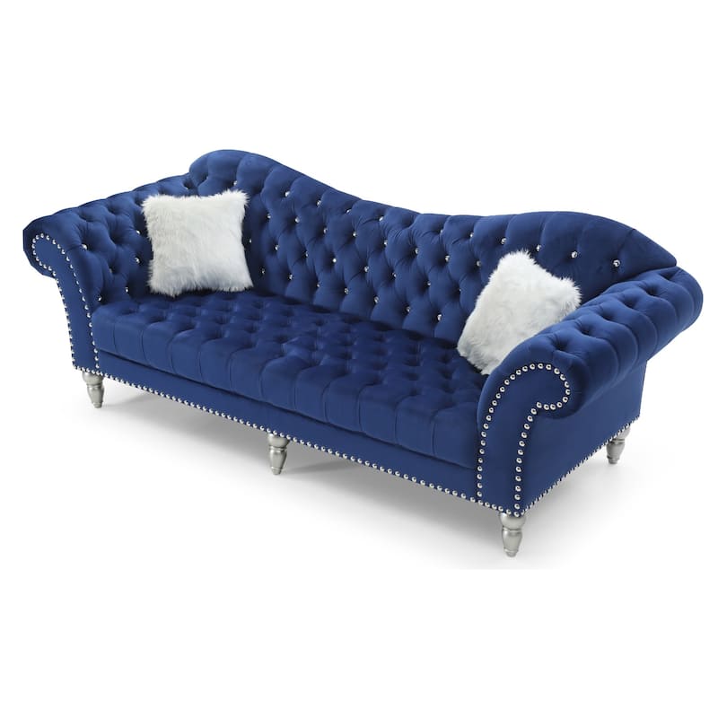 Tufted Velvet 2-Seater Sofa with Throw Pillows - 98" - Blue