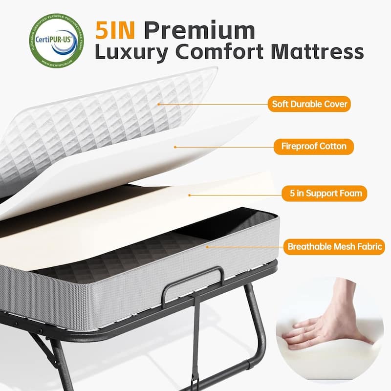 Folding Bed with 5-inch Memory Foam Mattress, Portable Foldable Rolling Guest bed for adults with Dustproof Bag
