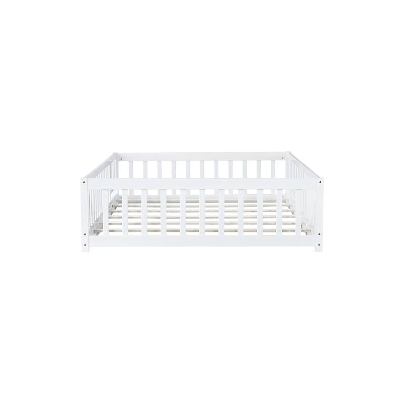 Full Size Floor Bed with Fence and Door,Rubber Wood Floor Bed with Safety Guardrails