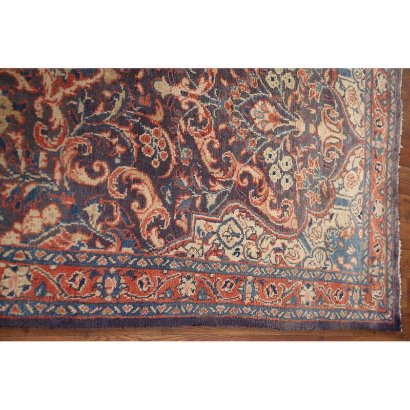 Hand Knotted Oriental 100% Wool Carpet Traditional Floral Navy Blue & Blues Mahal Runner Rug - 10' 10'' X 3' 3''