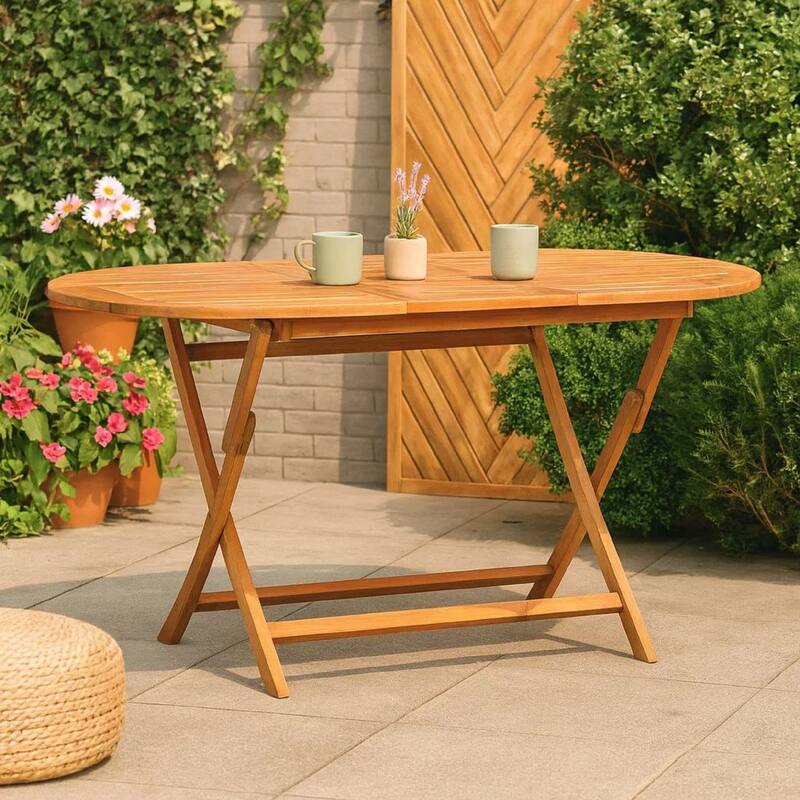 Outdoor Folding Dining Table, Slatted, X Legs, 63 Inch Brown Wood - Natural Brown