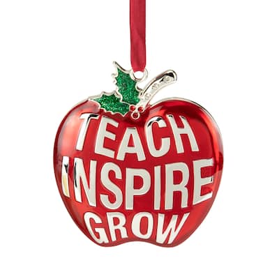 3.25" Red Silver Plated Apple Teacher Ornament European Crystals