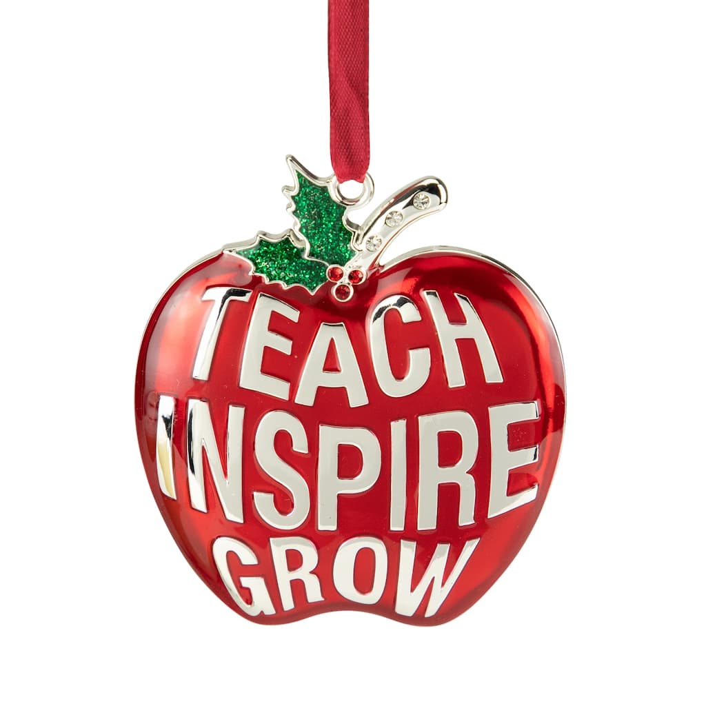 3.25" Red Silver Plated Apple Teacher Ornament European Crystals