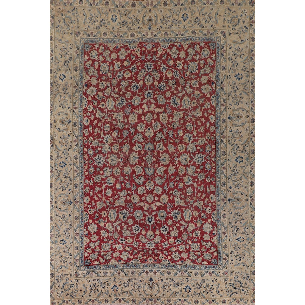 Distressed Floral Tabriz Persian Antique Rug Hand-Knotted Wool Carpet - 9'3" x 12'5"