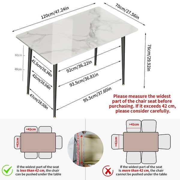 dimension image slide 2 of 4, 6 Seater Kitchen Dining Table Modern Marble Tabletop Rectangular with Tapered Metal Legs