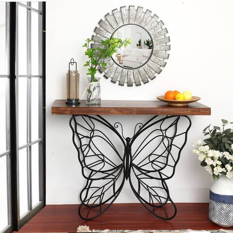 Butterfly Black and Brown Metal and Wood Accent Table - 31.25" H x 40.75" W x 16" D