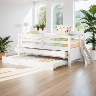 Elegant Low Loft Bed Twin Size with Trundle, Full Safety Fence, Climbing ladder and Storage Drawers, Solid & Sturdy, White