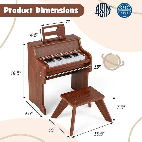 Mini 25 Keys Kids Piano Wooden Toy w/Music Stand