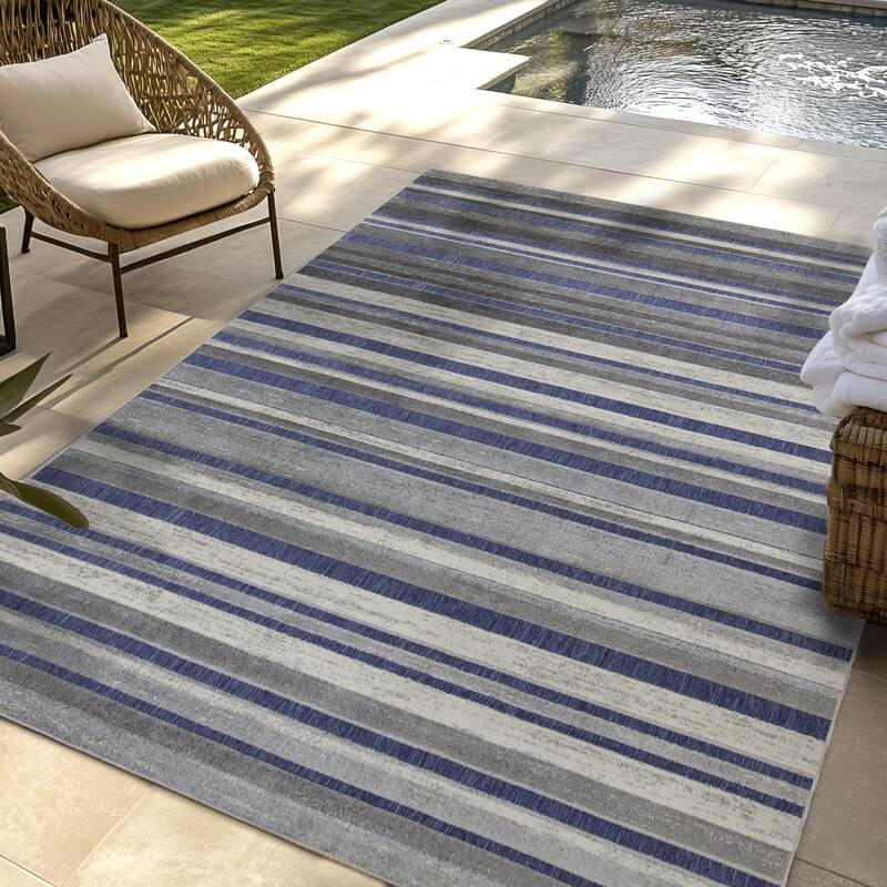 Gertmenian Kalari Modern Bold Multicolored High-Low UV Protected Polypropylene Woven Indoor/ Outdoor Area Rug Collection - 6'6"x9'6" - Koro Navy