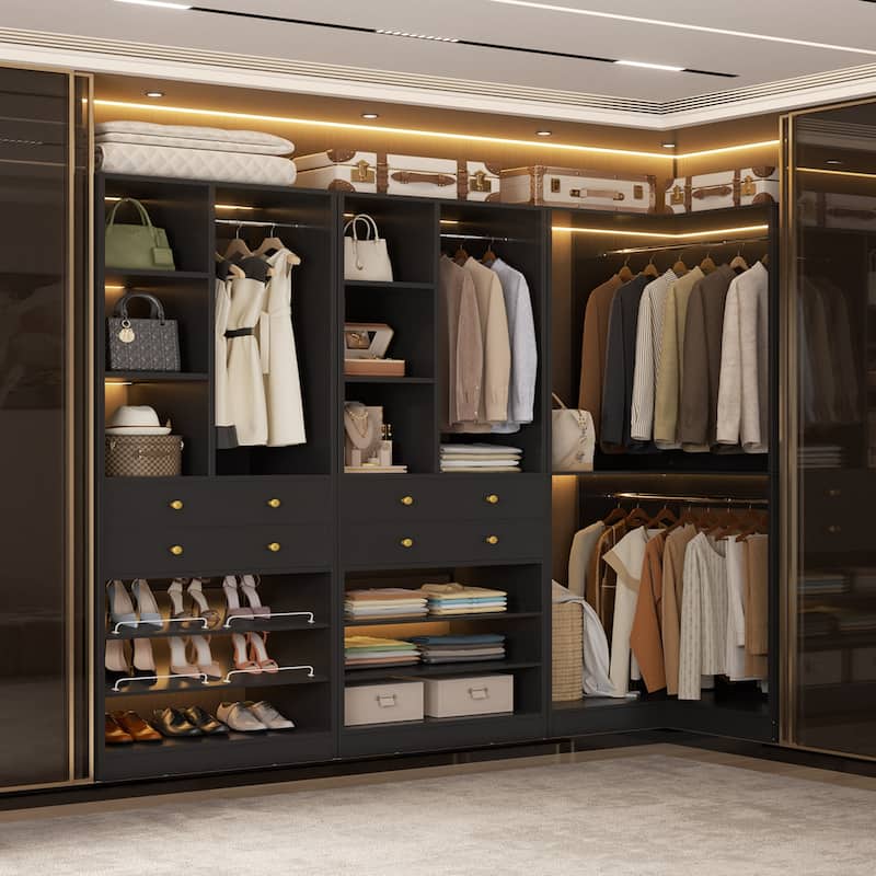 Grimm Set of 2/ 3 Coner Closet System with Shoe Racks and Drawers, Freestanding Closet Organizer with Hanging Rods and Shelves - Set of 3 - Black