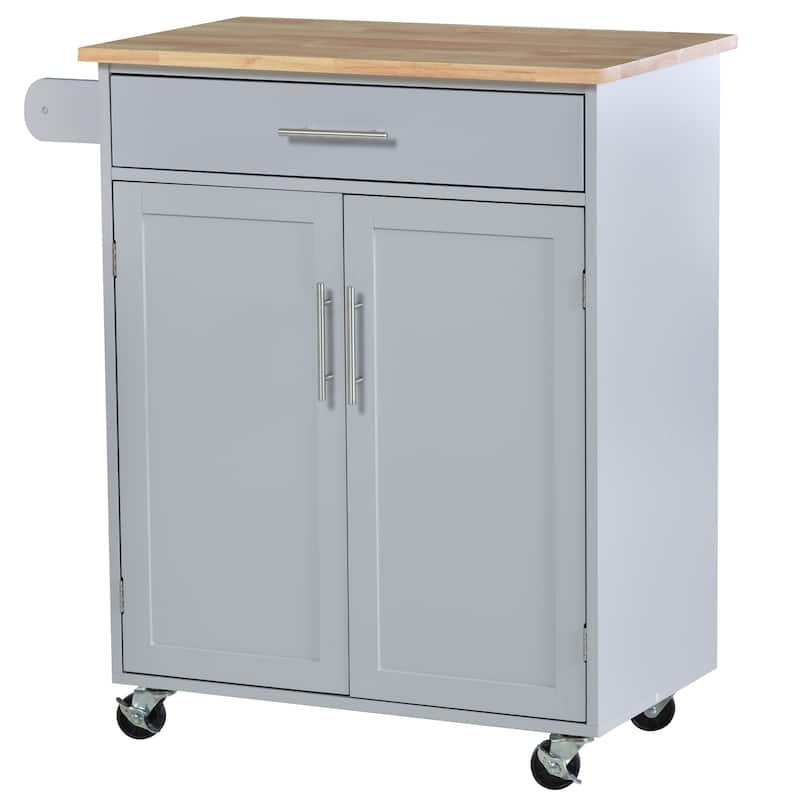 Kitchen Island on Wheels, Rolling Kitchen Cart with Rubber Wood Countertop, Drawer, Towel Rack and Spice Rack