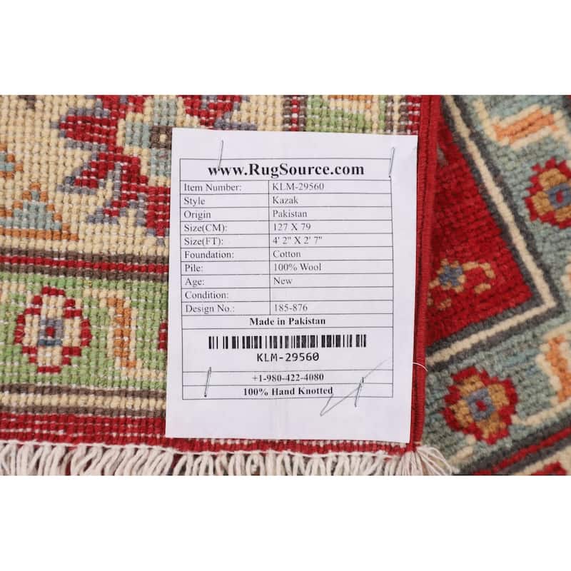 Geometric Kazak Foyer Rug Hand-Knotted Oriental Red Wool Carpet - 2'7" x 4'2"