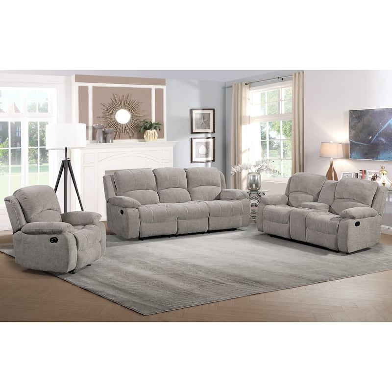 3PC Soft Microfiber Manual Reclining Sofa Set, Drop Down Table, Cupholder Console, Living Room Set - Grey