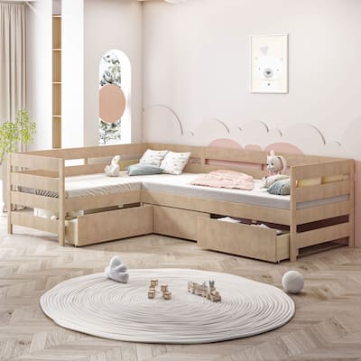 Twin Size L-shaped Platform Bed with Storage Drawers, Wooden Bed Frame