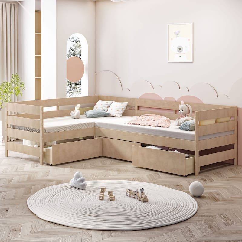Twin Size L shaped Platform Bed with Three Storage Drawers