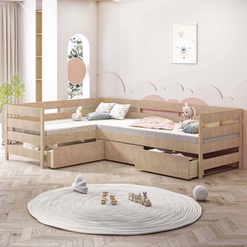 Twin Wood Platform Bed with 3 Storage Drawers - Space-Saving Design for Small Rooms