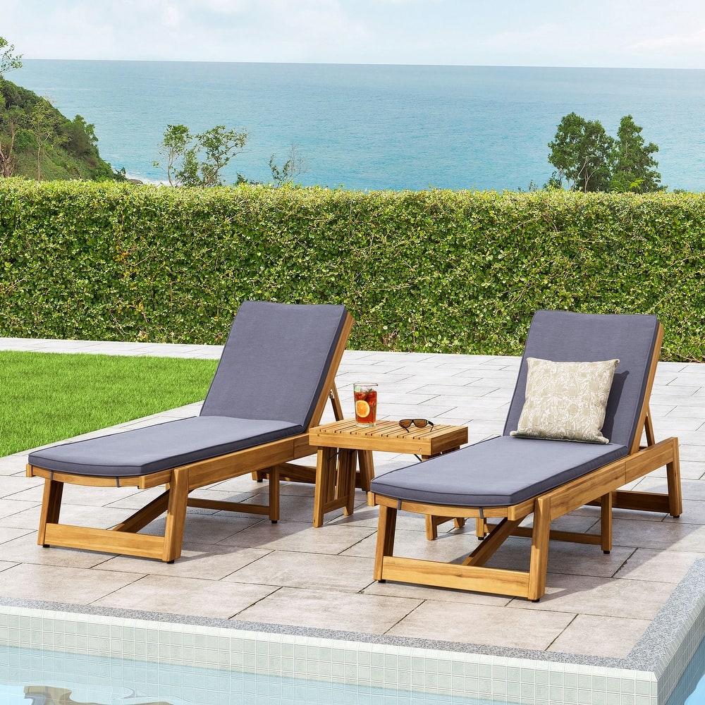 Kyoto Outdoor Acacia Wood 3 Piece Chaise Lounge Set with Water-Resistant Cushions by Christopher Knight Home
