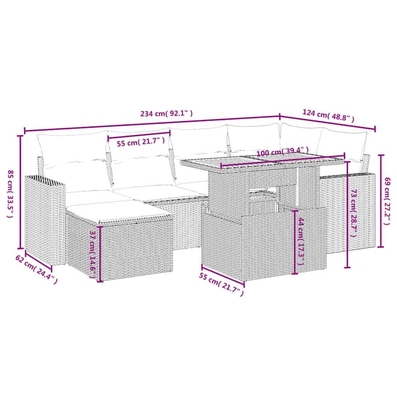 vidaXL Patio Sofa Set with Cushions Outdoor Furniture 8 Piece Poly Rattan - 21.7 x 24.4 x 27.2