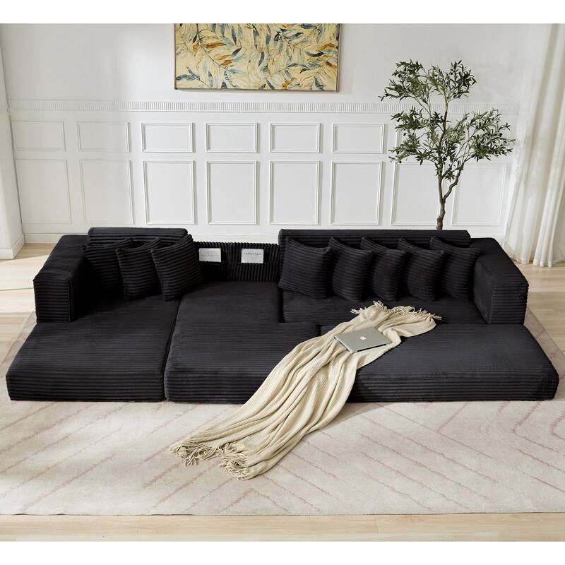 Floor Sleeper Sofa Bed Convertible L-shaped Modular Sectional Couch with Chaise, Corduroy Compression Sofa with Side Pockets