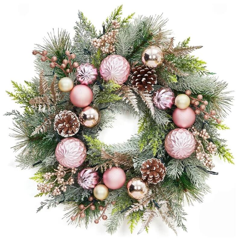 22" Lighted Pink Christmas Wreath for Front Door with Balls Pine Cones & Berries - N/A - Pink