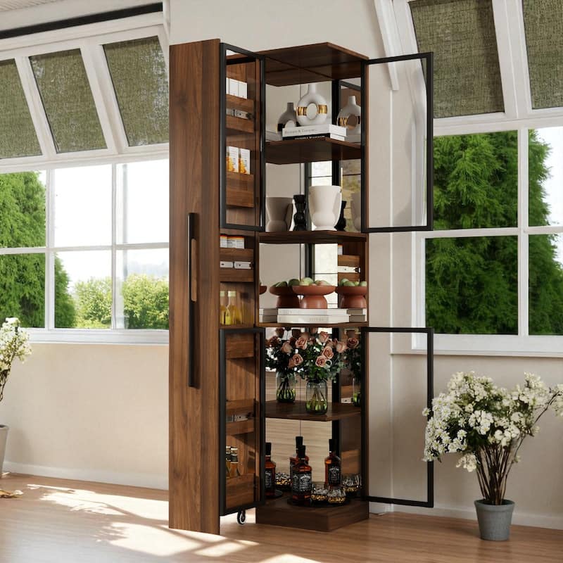 70" Modern Display Cabinet with Glass Doors, LED Lights, and Pull-Out Multi-Tier Storage Shelves
