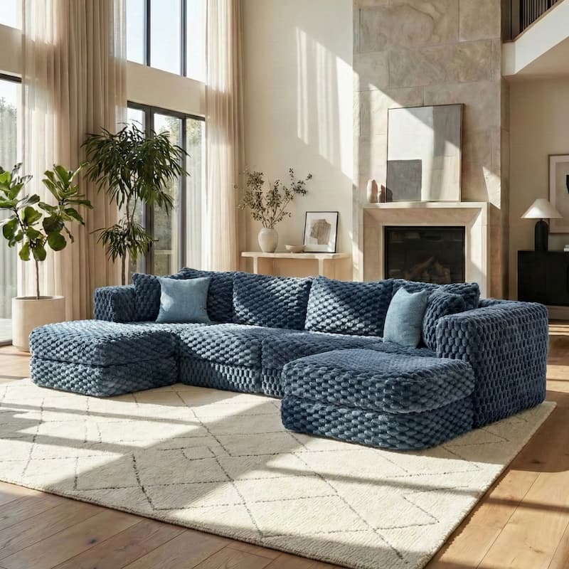 GDFStudio - 135" 6-Seat Modular Bubble Velvet Boneless Sectional Sofa - Blue