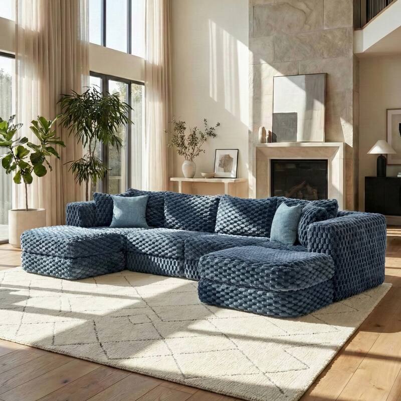 Modular Sectional Sofa with Bubble Velvet Upholstery, 2 Movable Ottomans and 4 Throw Pillows for Living Room - Blue