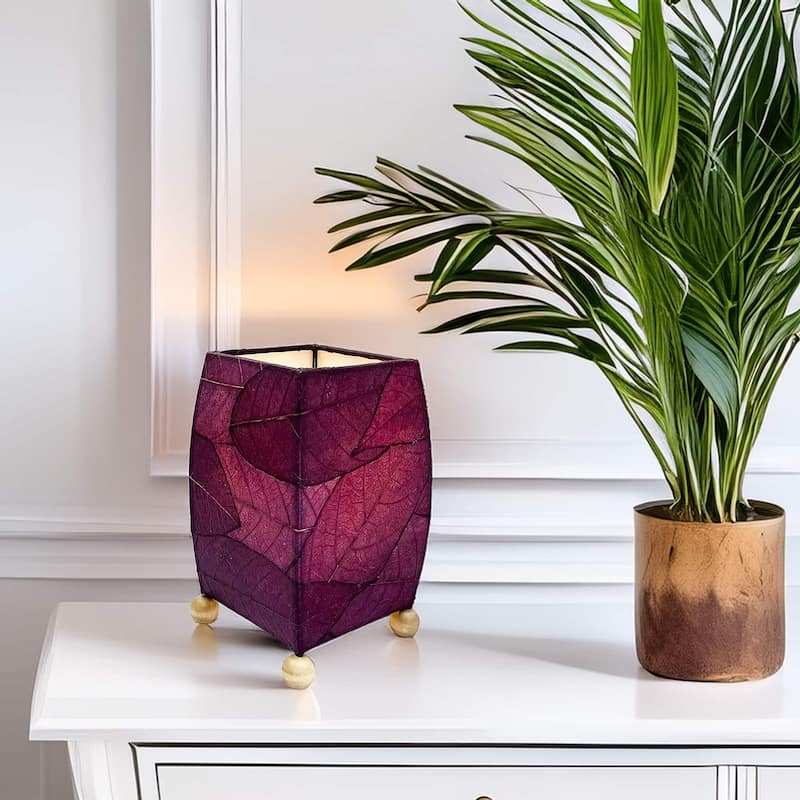 Handmade Mini Square Cocoa Leaf Table Lamp, Cocoa Leaves Shade, 6 x 6 x 9 in. - Purple