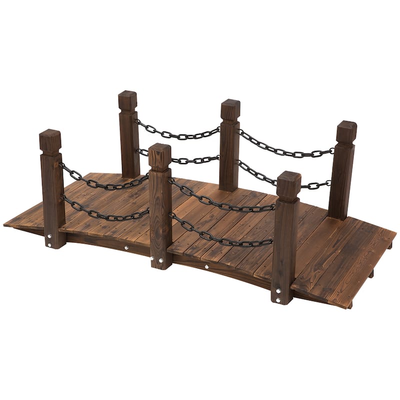 Outsunny 5ft Wooden Garden Bridge Arc Stained Finish Walkway with Chain Railings, Stained Wood - Brown - Wood