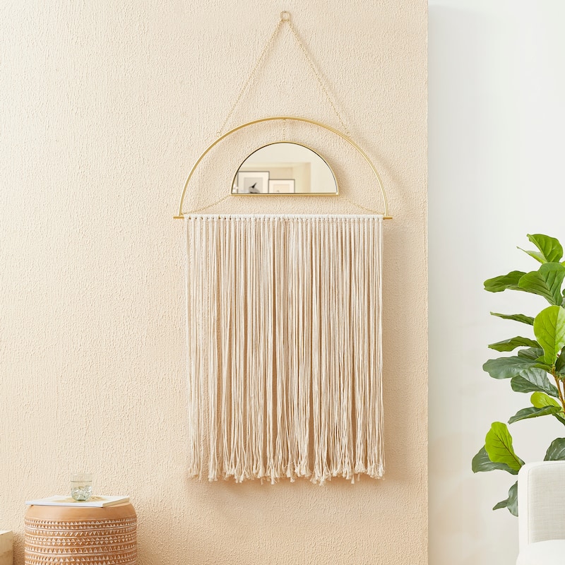 Glitzhome Regency Modern/Boho Metal Semi-moon Specialty Wall Mirror With Tassels Drawing Room Bedroom Decor