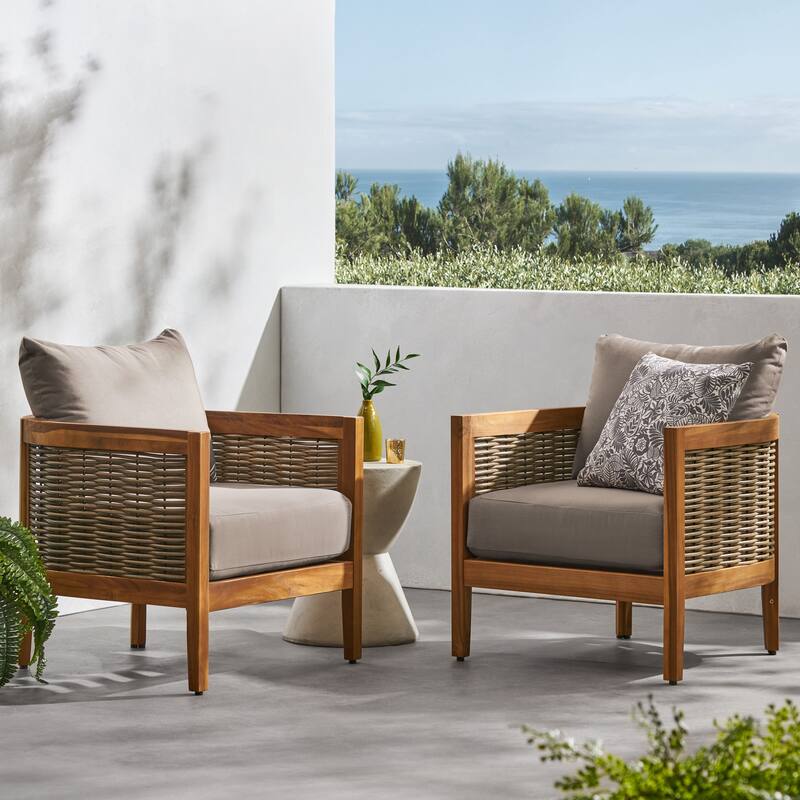 Burchett Outdoor Acacia Wood and Wicker Club Chairs (Set of 2) with Optional Sunbrella Cushions by Christopher Knight Home - Sunbrella Taupe Cushion