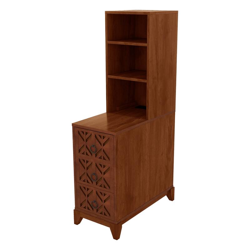 Tall Nightstand with Charging Station, Narrow Sofa Side Table with 3 Drawers & 2 Open Shelves, Solid Wood Entryway Accent Table