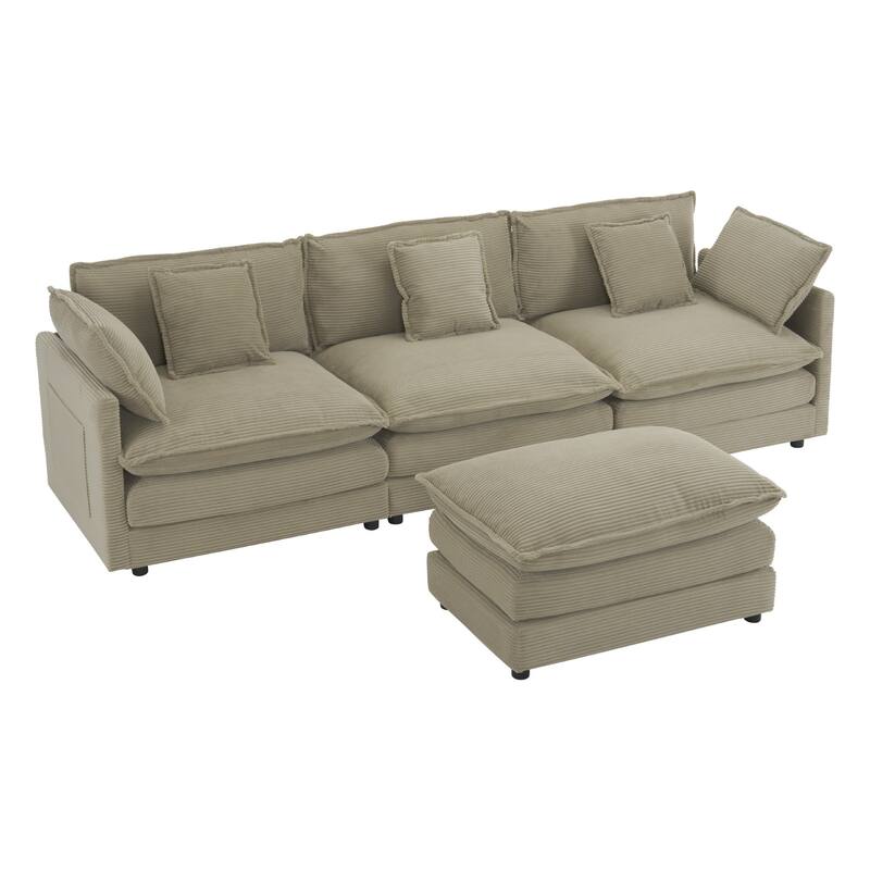 112.6" Corduroy Upholstered L-Shaped Modular Sectional Sofa with Side Storage Pockets