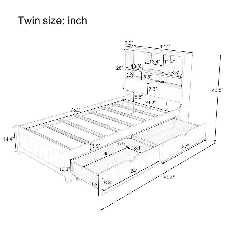 Storage Platform Bed with 2 Underbed Drawers, Wood Captains Bed with Bookcase Headboard Built-in Downlight Charging Station