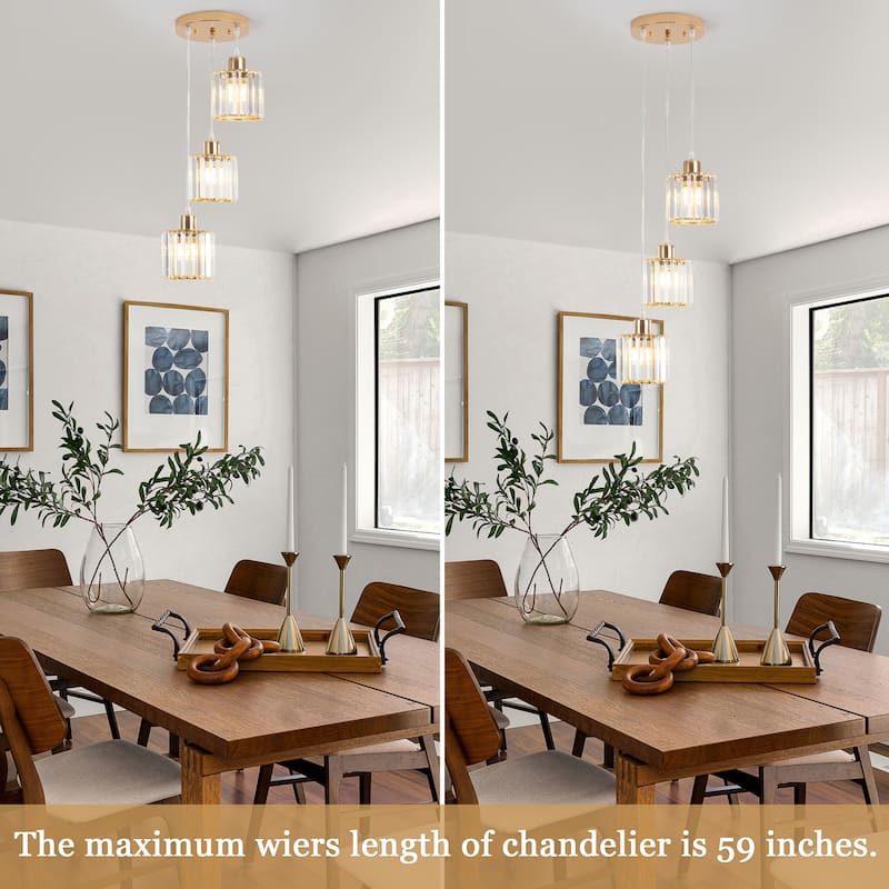 3-Light Modern Metal Hanging Pendant Light Ceiling Light Chandelier with Crystal Cover for Kitchen Island