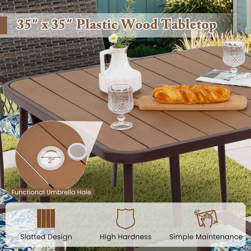 Costway 5 PCS Patio Dining Set with Wood-Plastic Tabletop & Umbrella - 5 PCS