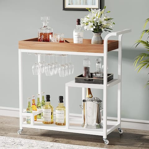 3-Tier Home Bar Serving Cart with Wine Rack, Glass Holder, Storage Tray and Handle