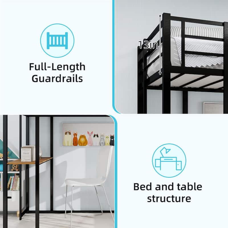Iron Frame Bed With Bed And Table, Children'S And Youth Home Bed With L-Shaped Desk, Iron Frame Bed With Railing And Stairs