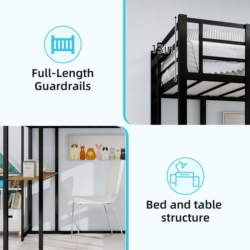 Iron High Loft Bed with Storage Shelves and Desk, Heavy Duty Metal Bed Frame with Safety Guardrail, No Box Spring Needed