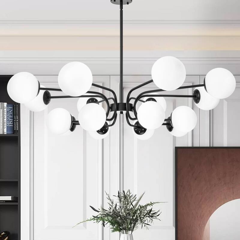 16-Light Mid-Century Modern 2-Tier Large Round Sputnik Glass Globe Chandelier with Milky White Glass Globe Shade