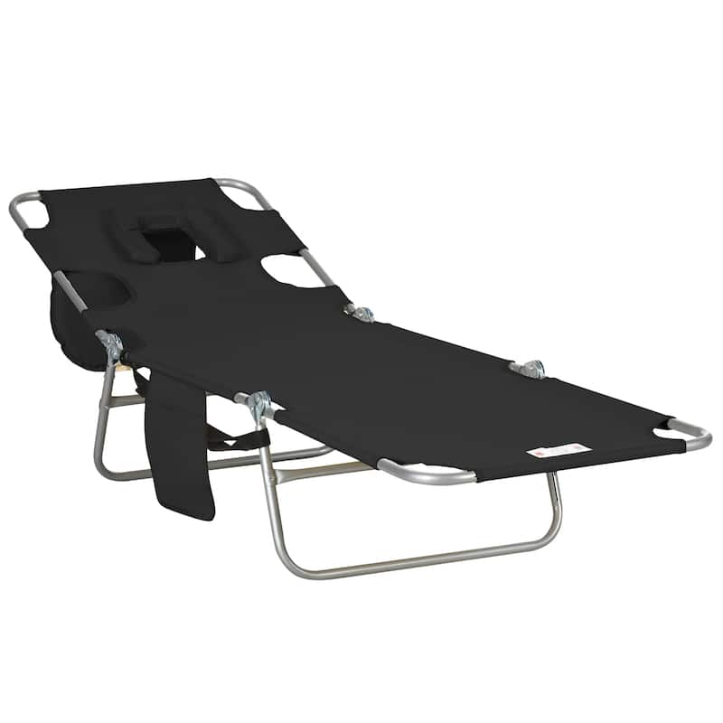Outsunny Folding Beach Lounge Chair with Face Hole and Arm Slots, 5-level Adjustable Sun Lounger Tanning Chair with Pillow