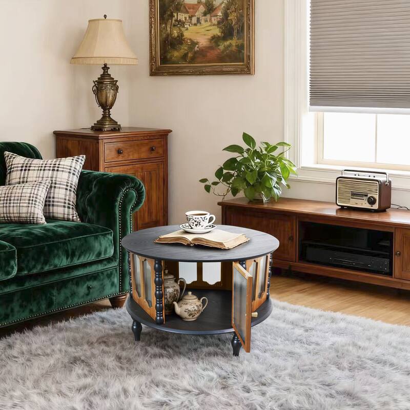 31.5-inch Round Three-Door Storage Coffee Table, Modern Real Wood Veneer Coffee Table, Suitable for Living Room