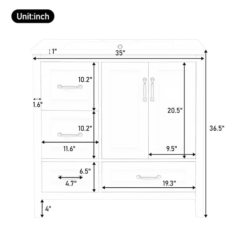 36" Modern Bathroom Vanity with Sink - 4 Soft-Close Drawers, Cabinet & Open Bottom Shelf