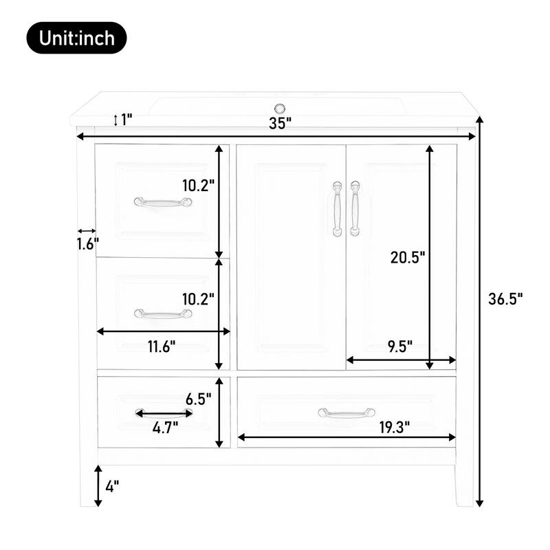Freestanding 36 Inch Single Sink Bathroom Vanity Cabinet with Resin Sink