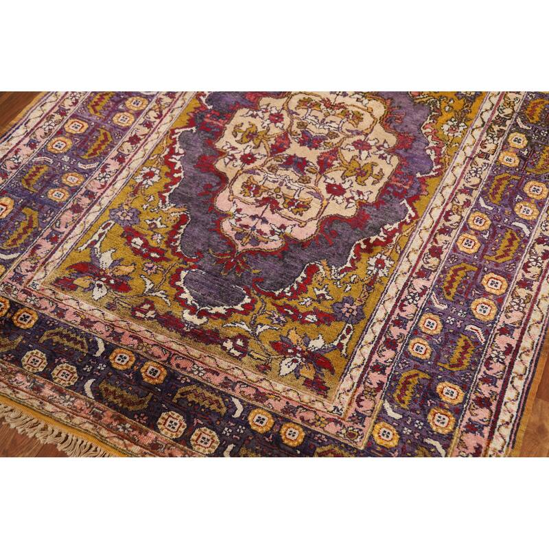 Hand Knotted Oriental Silk Carpet Transitional Medallion Purples Anatolian Area Rug - 5' 2'' X 4' 0''