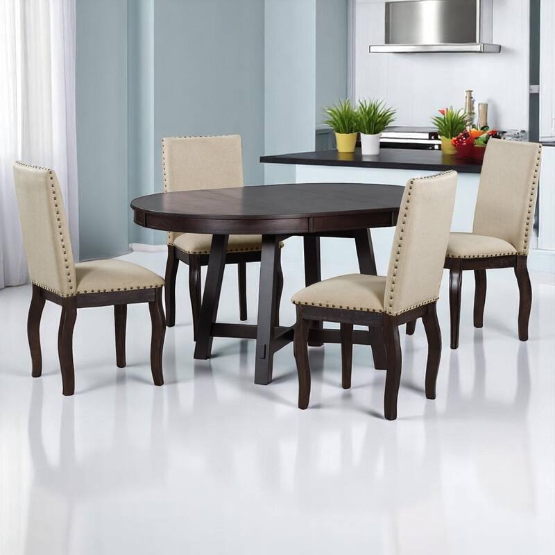 5-Piece Farmhouse Dining Set, Round Extendable Table with 4 Upholstered Chairs, Wood Dining Set for Kitchen and Dining Room - Espresso